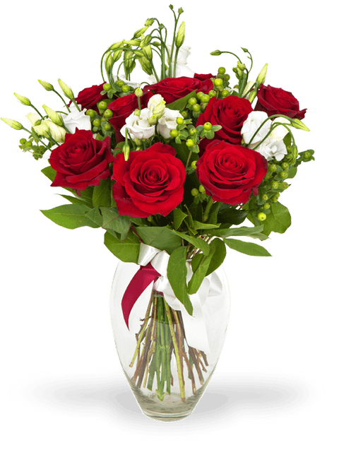 bouquet di rose rosse e lisanthus bianchi