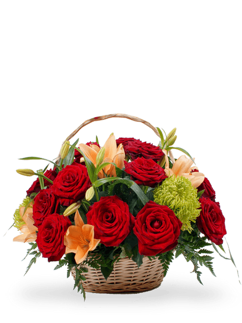 cesto di rose rosse e lilium arancio