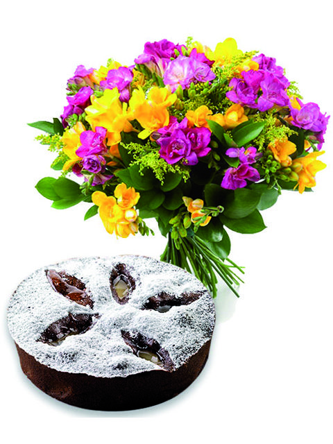 bouquet di lisantius con torta al cioccolato e pere