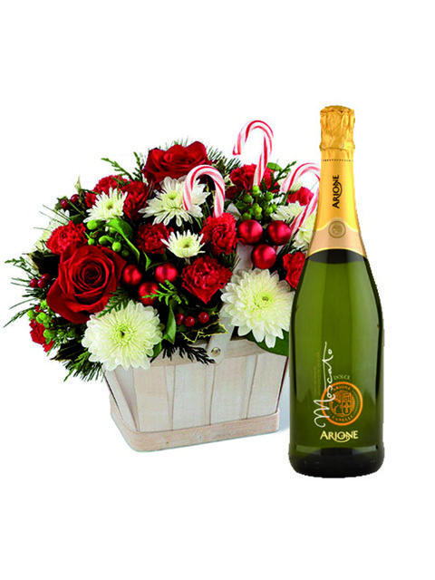 cesto fiori natalizi e champagne