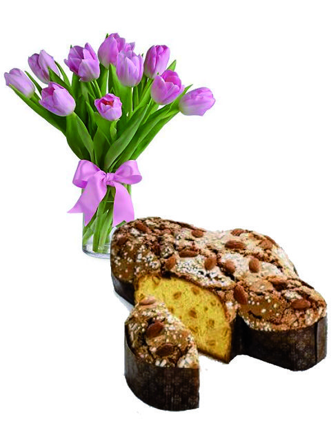 colomba e composizione di tulipani rosa