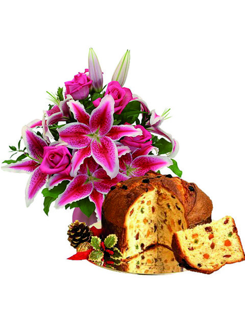 lilium e rose rosa con dolce panettone all'uvetta