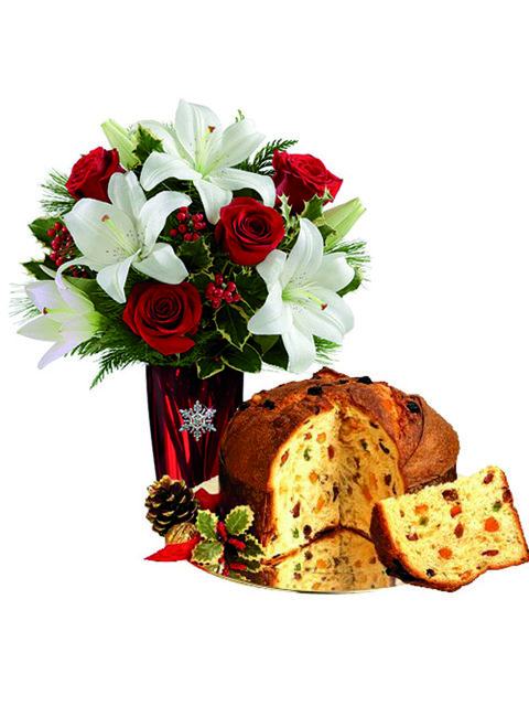 rose rosse lilium bianchi e panettone con uvetta