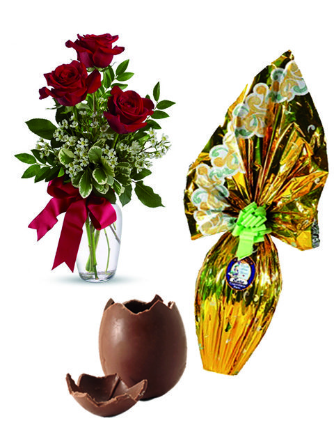 uovo al cioccolato con 3 rose rosse