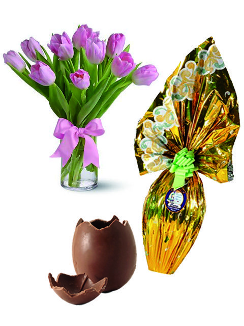uovo di pasqua con tulipani rosa